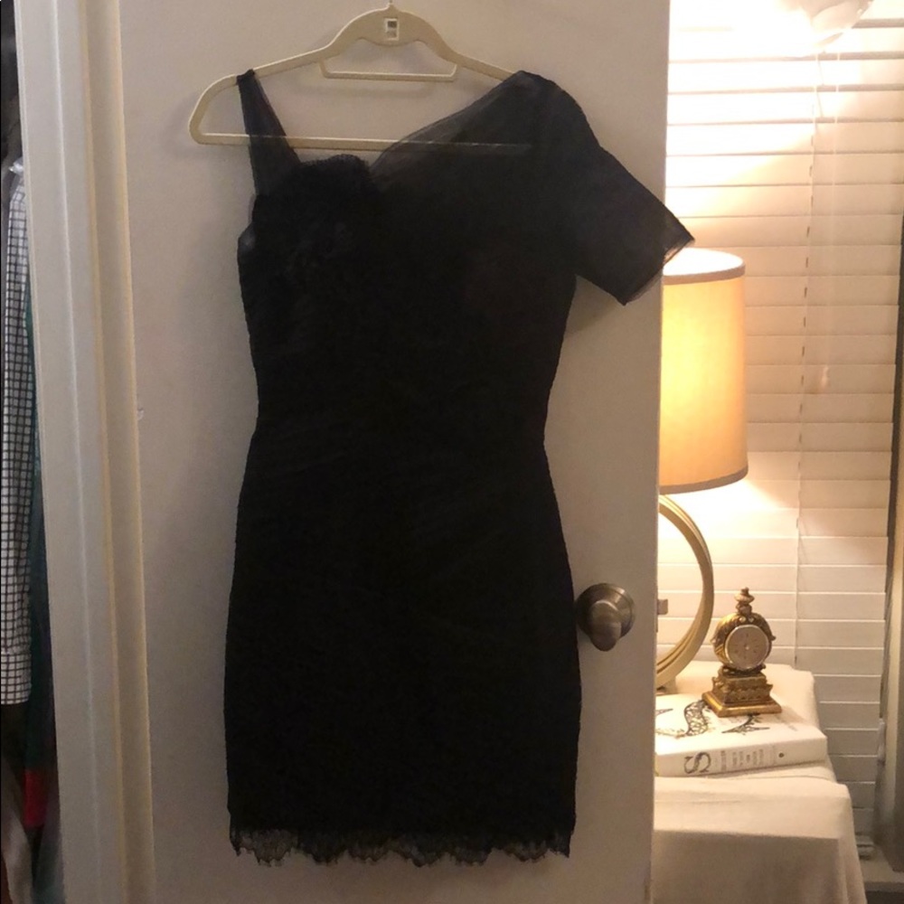BCBG MaxAzria tulle one-shoulder cocktail dress